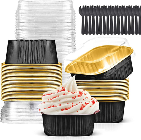 Mini Cake Pans with Lids, 10oz, 40 Pack Aluminum Foil Square Cupcake Liners for Baking, Disposable