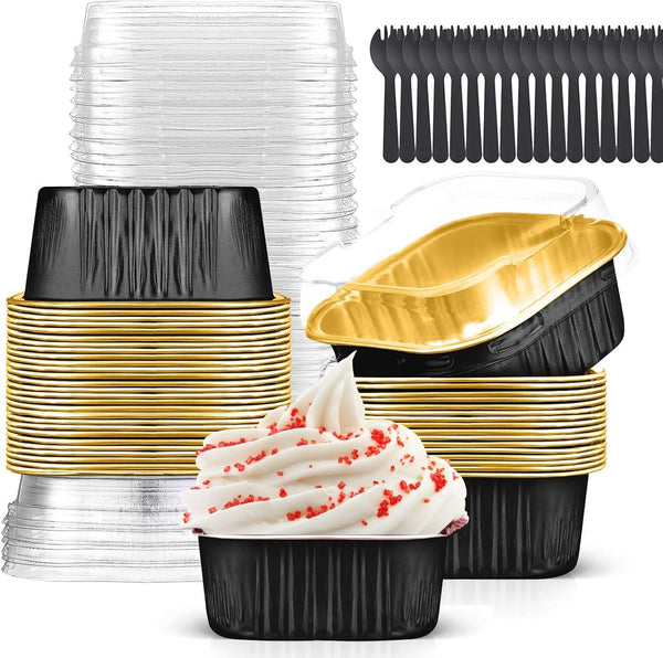 Mini Cake Pans with Lids, 10oz, 40 Pack Aluminum Foil Square Cupcake Liners for Baking, Disposable