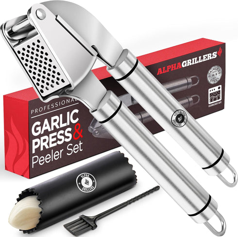 Garlic Press Stainless Steel - Professional Mincer and Crusher with Silicone Peeler, Dishwasher Safe