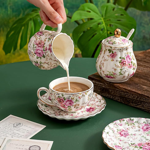 6.4oz Agyiuns Tea Cup and Saucers, Floral Tea Cups with Gold Trim, Porcelain Teacup, Coffee Cappuccino Espresso Latte