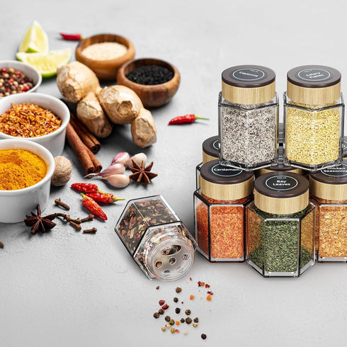 Set 18 100 Vetacsion of Magnetic Glass Spice Tins with Preprinted Seasoning Label Stickers (Include Black Metal