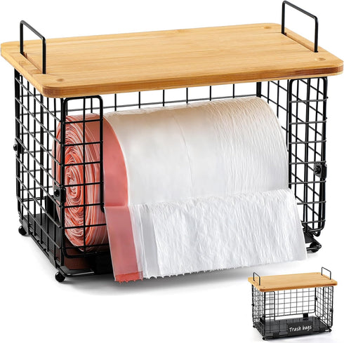 1 Pack Counter Stackable Storage Trash Bag Baskets with Bamboo Top, Large & Standard Trash, Garbage Bag Holder