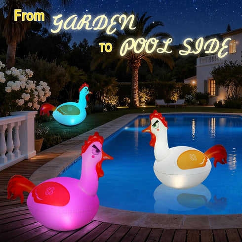 IP68 Decor(2) Floating Pool Lights, Inflatable Chicken Solar Pool Lights that Float, Waterproof Glow in the Dark Color