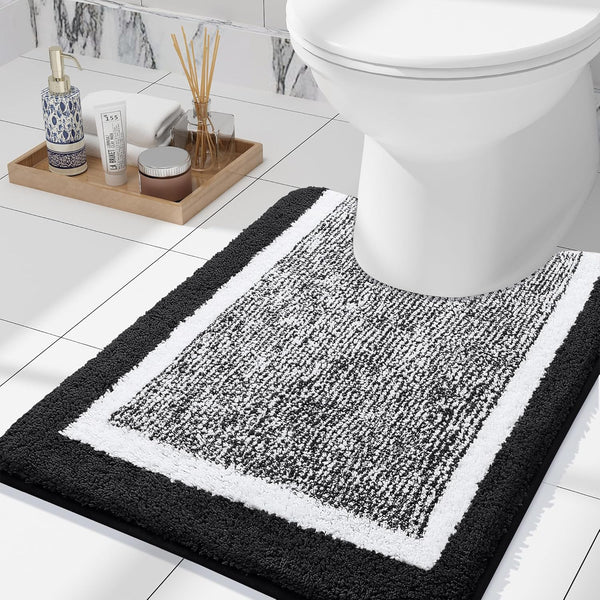 OLANLY Luxury U-Shaped Toilet Rugs, 24x20 Extra Soft Microfiber Non-Slip Bath Mat (Black and White)