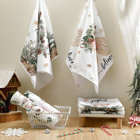 FuWeave Christmas Kitchen Towels Beige Xmas Tree Dishtowels Decorative Hello Winter Hand Towels Absorbent Gloves Ball