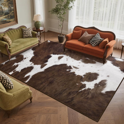 4x6 DweIke Cow Print Rugs for Living Room, Soft Brown Faux Animal Cowhide Area Rug, Washable Non-Slip Stain Resistant