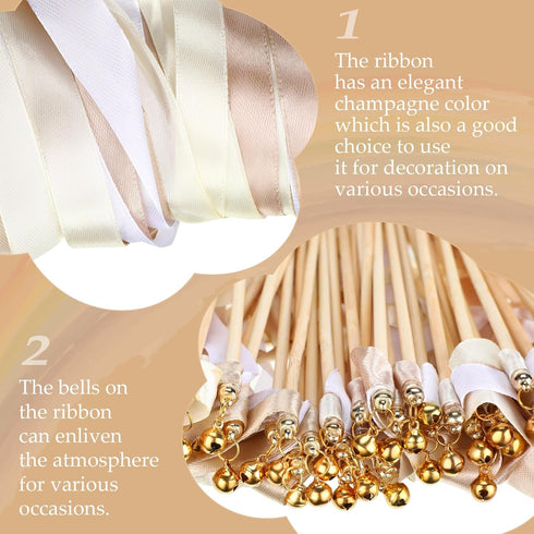60 Pieces Mix Color Ribbon Sticks Fairy Wands with Bells and Smooth Wooden Sticks for Wedding, Birthday Party Baby