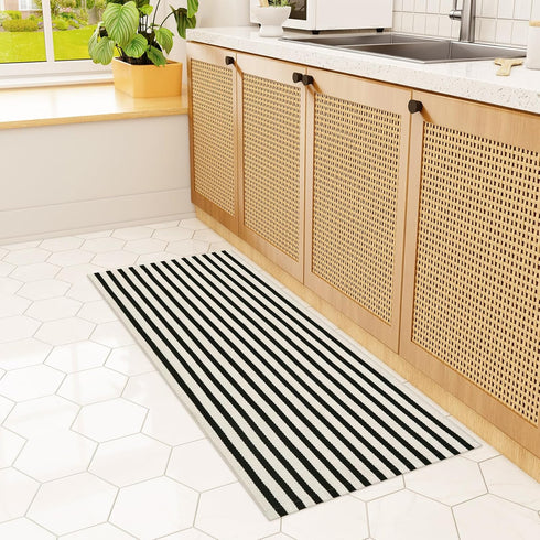 Striped Outdoor Front Door Mat 24"x51", Washable Black and White Rug Runner, Reversible Foldable Doormat
