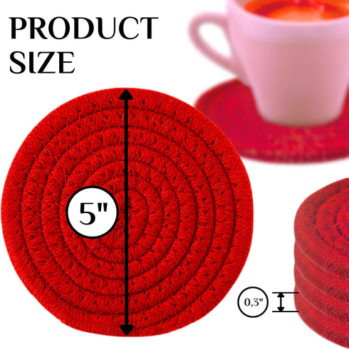 8PCS Red Handmade Cotton Round Woven Coasters - Absorbent Braided Cup Mats for Drink Home Kitchen Heat-Resistant