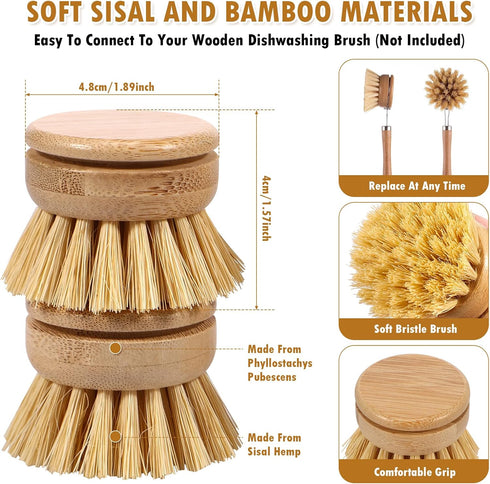 Abizarch 6pcs Bamboo Dish Brush Replacement Heads, Wooden Dish Brushes for Cleaning Kitchen Wood Dish Scrubbers Washing