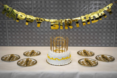 24 Count Tall Thin Metallic Gold Birthday Candles with Holders and Classy Cake Topper for Custom Cake