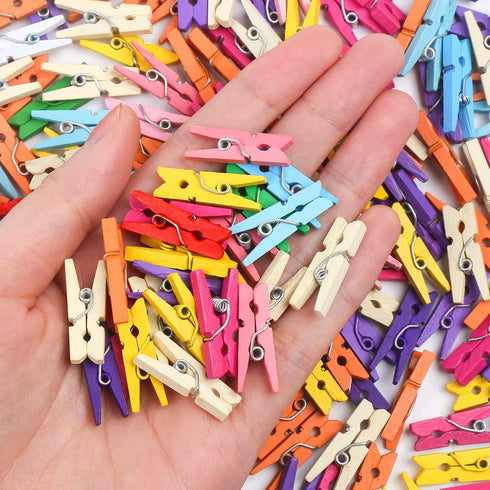 KIMOBER Mini Wooden Clothespins 200pcs, Mixed Colored Small Craft Peg Pins Clips for Photos, Paper Crafts
