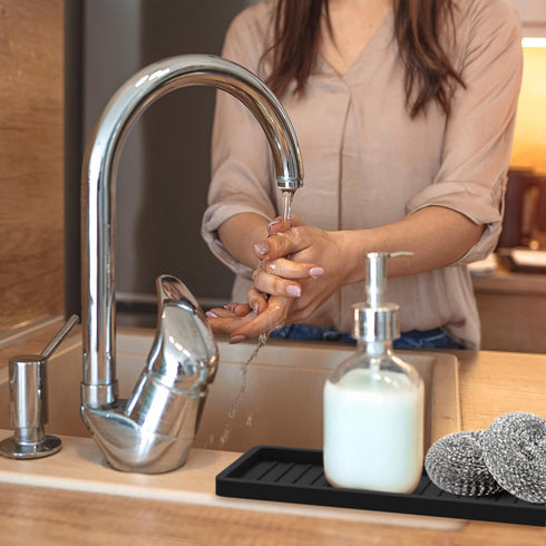 ZAPPOWARE Silicone Kitchen Sink Caddy Sponge Holder, 12"x4.7", Black Bathroom Vanity Tray Organizer