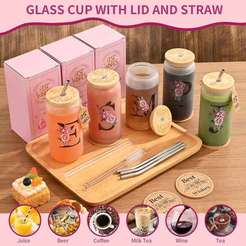 16oz Monogrammed Set, Personalized Initial Glass Cup for Women, Glass Cup with Lids and Straws, Gift Frosted Reusable