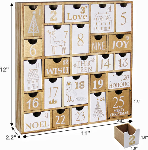 Juegoal Advent Calendar with 25 Drawers, Refillable Wooden Countdown to Christmas Gift for Kids, 12 Inches