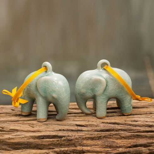 NOVICA Celadon Ceramic Handing Holiday Ornaments, Light Blue Elephant (Pair)