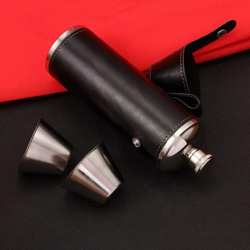 GENNISSY 10oz Black Bucket Hip Flask, PU Leather Stainless Steel, Liquor Flask with Funnel and Cups