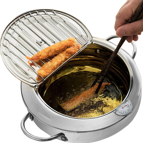 Yopay 304 Stainless Steel Deep Fryer Pot, Tempura Fryer with Thermometer and Lid, Japanese Style, 2.2L