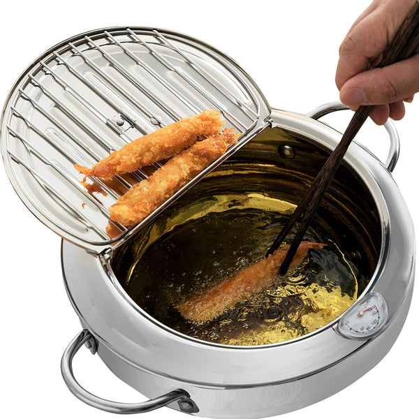 Yopay 304 Stainless Steel Deep Fryer Pot, Tempura Fryer with Thermometer and Lid, Japanese Style, 2.2L