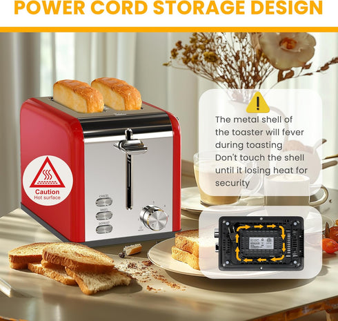 Simple Deluxe 2-Slice Toaster, Red, 6 Browning Settings, 3 Functions, Extra Wide Slot & Removable Crumb Tray