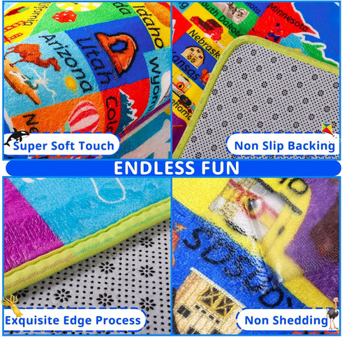 59"39.4" USA Map ABC Kid Rug for Playroom Geography Classroom Play Rug Educational Baby Playmat Alphabet Mat State