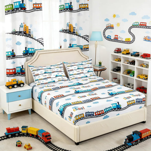 Colorful Train Fitted Sheet Full Size Cartoon Car Bedding Set 3Pcs Blue