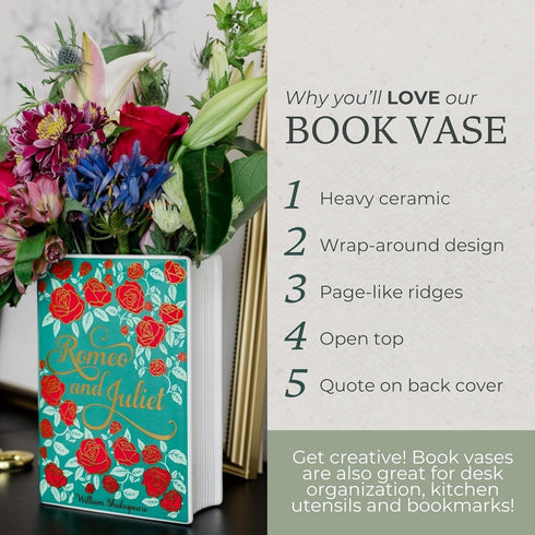Steel Mill & Co Original Large Book-Shaped Decorative Vase, Ceramic Vases for Home Decor, Romantic Bookshelf Decor