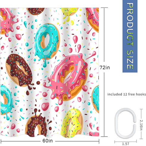 Colorful Donuts Shower Curtain Sets with Hooks, Pink Chocolate Lemon Blue Mint Glaze on White, Waterproof Bathroom Decor