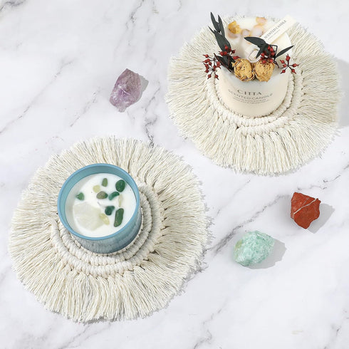 Mozeat Lens Set 2 Boho Coasters for Drinks Absorbent Crochet Coasters Round Boho Coaster of Housewarming Gift Bar