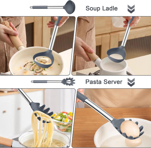 TeamFar Silicone Kitchen Utensils, 2 Pcs Large Nonstick Soup Ladle and Pasta Fork for Cooking, Mixing, Serving, Light