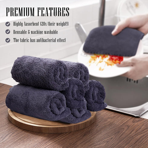 Sunny zzzZZ 24 Pack Reusable Kitchen Dishcloths - Super Absorbent Coral Fleece Cleaning Cloths, 10 x 20 Inch (Grey)