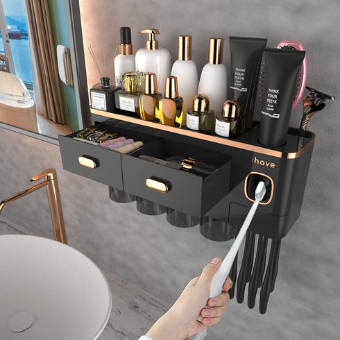 iHave Toothbrush Holders Wall Mounted with Toothpaste Dispenser & 4 Cups -
