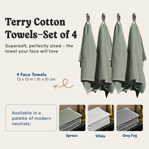 4X ONSEN Cotton Face Towel Sculpted Terry Texture, Quick-Dry, Low-Lint, Plush & Lightweight (Spruce, Face Towel)