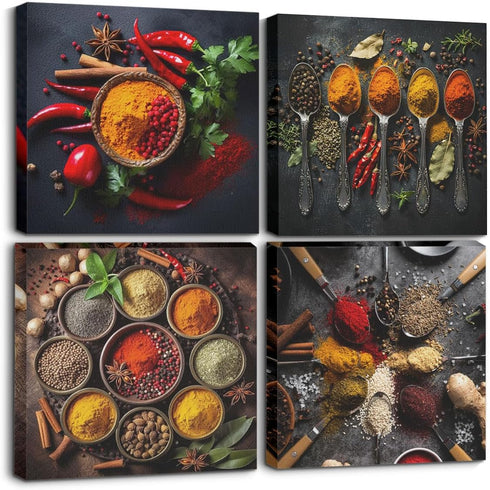 CQM 4 Pcs Kitchen Canvas Wall Art Framed Modern Spices and Seasonings Spoons