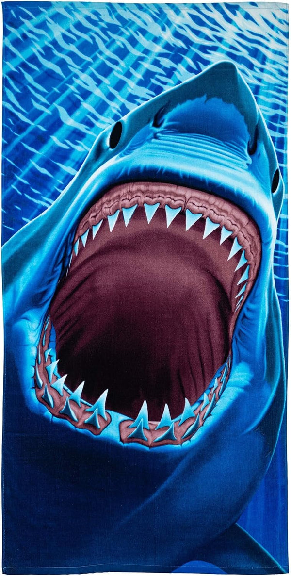 Dawhud Direct Great White Shark Beach Towel for Boys, 30" x 60" Super Soft Plush Cotton Pool Towel