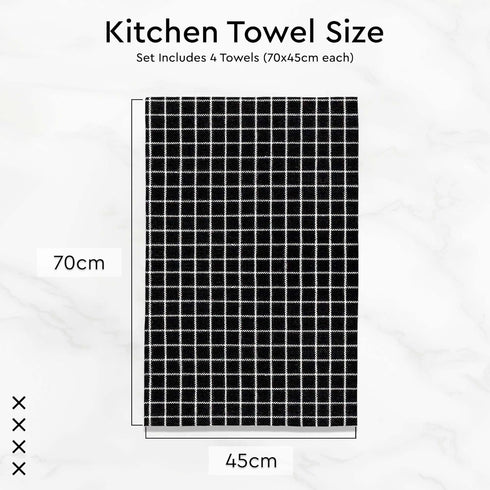 Encasa XO Cotton Kitchen Towel Set, Pack of 4, X-Large 28"x18", Highly Absorbent Hand and Tea Cloth - Butcher Black