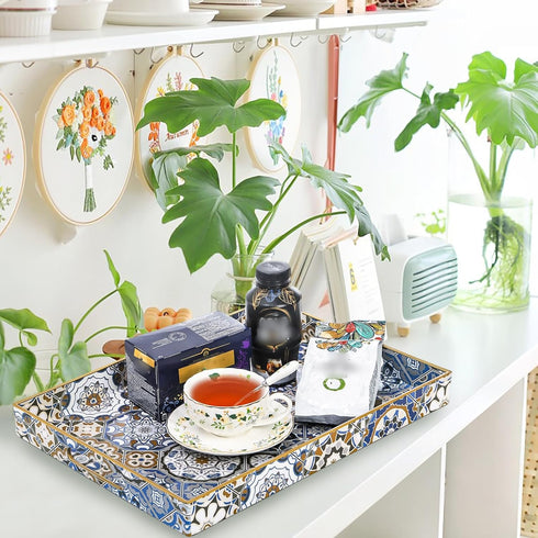 Set 2 Hiceeden of Decorative Serving Trays with Handles, Boho Tea Trays Ottoman Trays for Serving, Modern Plastic