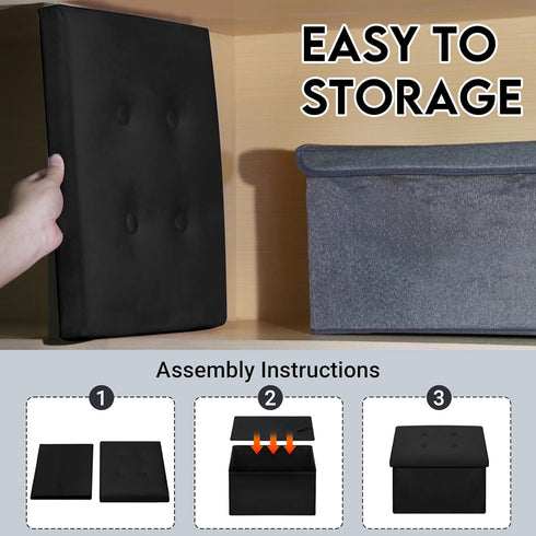 16"x12"x12" Zoes Homeware Small Storage Ottoman Foot Rest, Velvet Ottoman with Storage and Side Pocket, Black Foot Rest