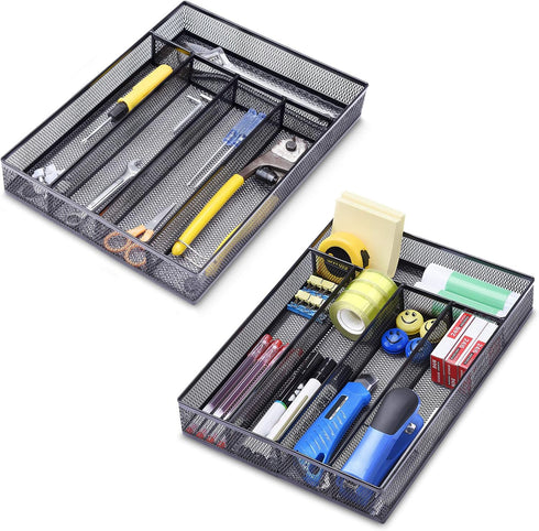WuGeShop Black Silverware Drawer Organizer, Metal Mesh Utensil Tray, Non-Slip Cutlery Tray with 5 Compartments