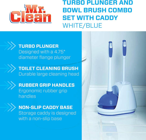 3-Piece Set, Mr. Clean Toilet Plunger and Bowl Brush Combo with Caddy, Heavy-Duty Plunger, Toilet Brush, and Caddy