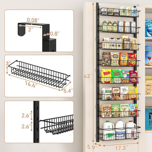 MIAOLI 8-Tier Over the Door Pantry Organizer, Adjustable Spice Rack Cabinet Door Shelves, Hanging Seasoning Organizer
