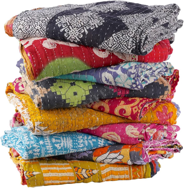 Vintage Kantha Quilts Handmade Old Saree, Boho Bedding Throw Blanket Bedspread for Home Decor