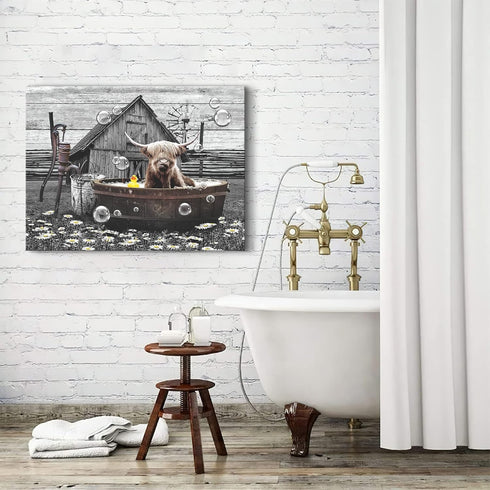Farmhouse Bathroom Decor Wall Art, Funny Highland Cow in Bathtub, Rustic 12"x16" Framed Bathroom Cow Painting
