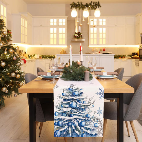 13x72 Inch Winter Trees Ball Table Runner Frosty Roses Burlap Table Runners, Christmas Xmas Seasonal Coffee Table