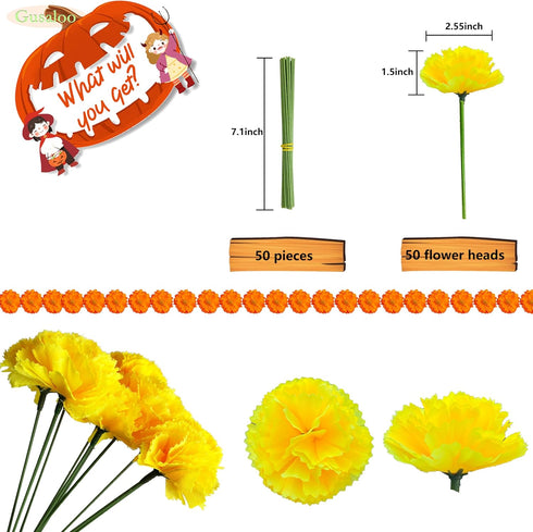 Marigold Artificial Flower Heads Bulk 50Pcs, Yellow Flowers for Diwali Home Decor, DIY Wreath, Garland, Craft, Wedding,