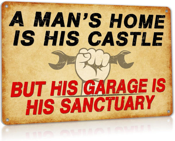 Vintage Funny Metal Signs, Garage Man Cave Decor Gift for Men Wall Art, 12" x 8" A Man's Home is His Castle