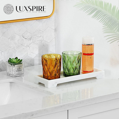 Luxspire Bathroom Tray for Counter, Resin Marble Tray with Feet, 11" x 4" for Soap Dispenser and Perfume, White Marble