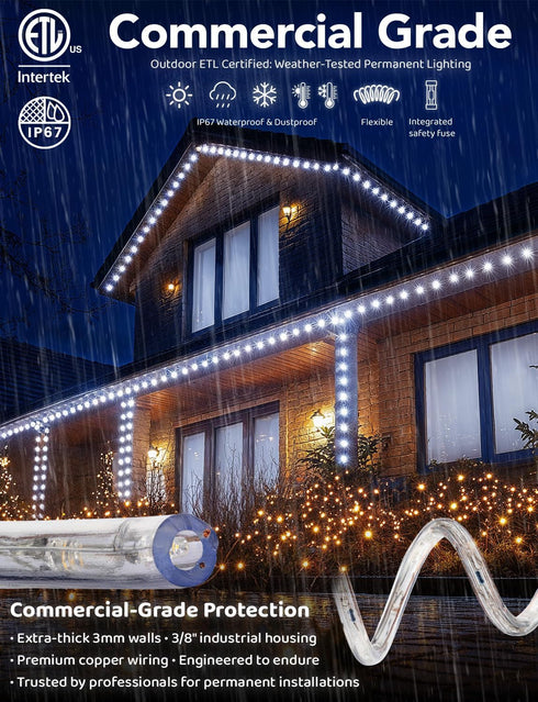 WYZworks 25ft LED Outside Rope Lights, 288 LEDs, Waterproof, Connectable, Cool White Christmas Landscape