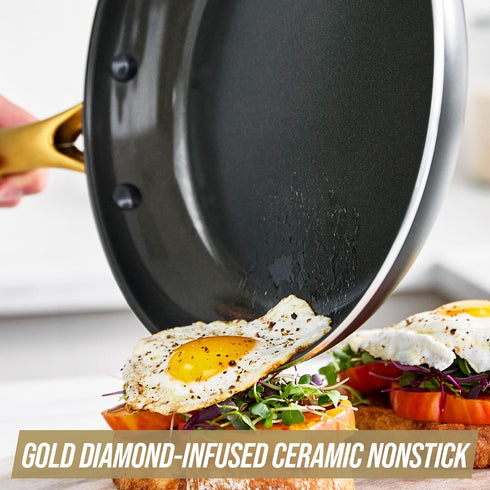 Blue Diamond Gold 10" Frying Pan Skillet, Ceramic Nonstick, PFAS Free, PFOA Free, Induction Suitable, Dishwasher Safe, Gold Handle, Black by Blue Diamond