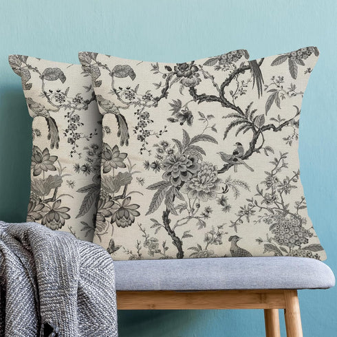 Spring Floral Birds Pillow Covers Set of 2, 18 x 18 Inch Black and White Chinoiserie Flowers Outdoor Decorative Cushion